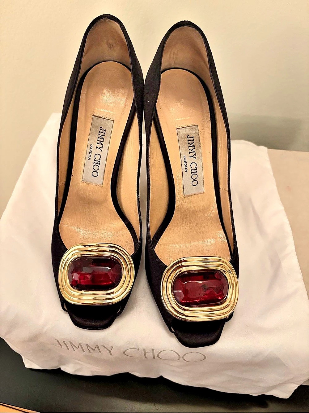 Jimmy Choo Black & Red Embellished Heels US 7 Made in Italy